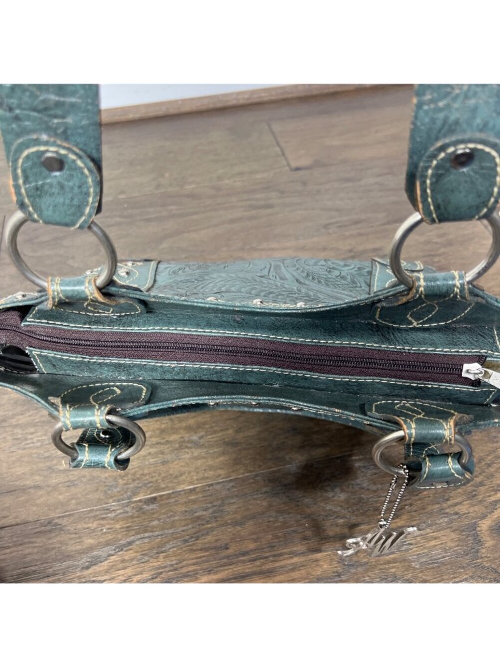 AMERICAN WEST Double Handle Tooled Leather Floral Design Bag Sage EUC - Picture 9 of 11